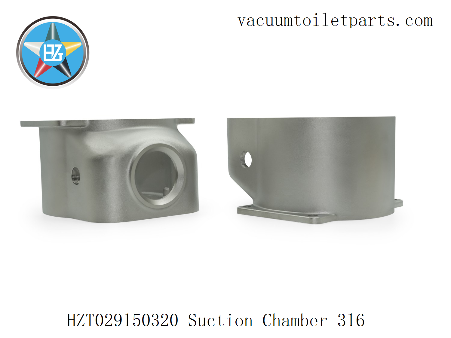 Top view of HZT029150320 suction chamber showing connection faces and bolt layout.